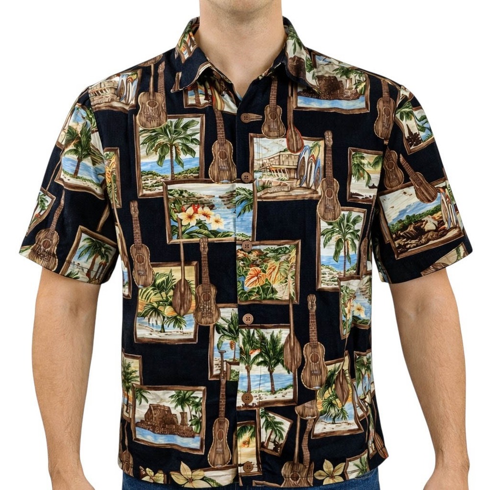 Hawaiian Reserve Hawaiian Aloha Shirt Medium Palm Trees Ukuleles Huts Sunset Blk